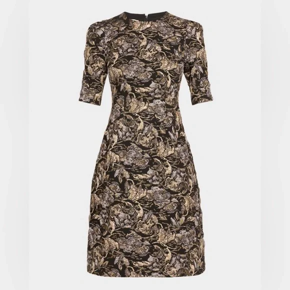 knee length dresses for ladies Metallic Jacquard Gold Trim Button Coat Dress – Terijon.com main image 1